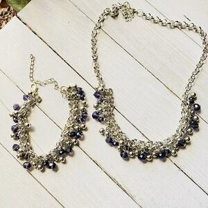 Purple Crystal Silver Chain Necklace Bracelet Set